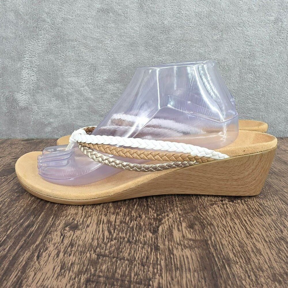 Vionic Ramba Wedge Heels 11 White Tan Metallic Gold Braided Thong Straps Beachy - Picture 8 of 13